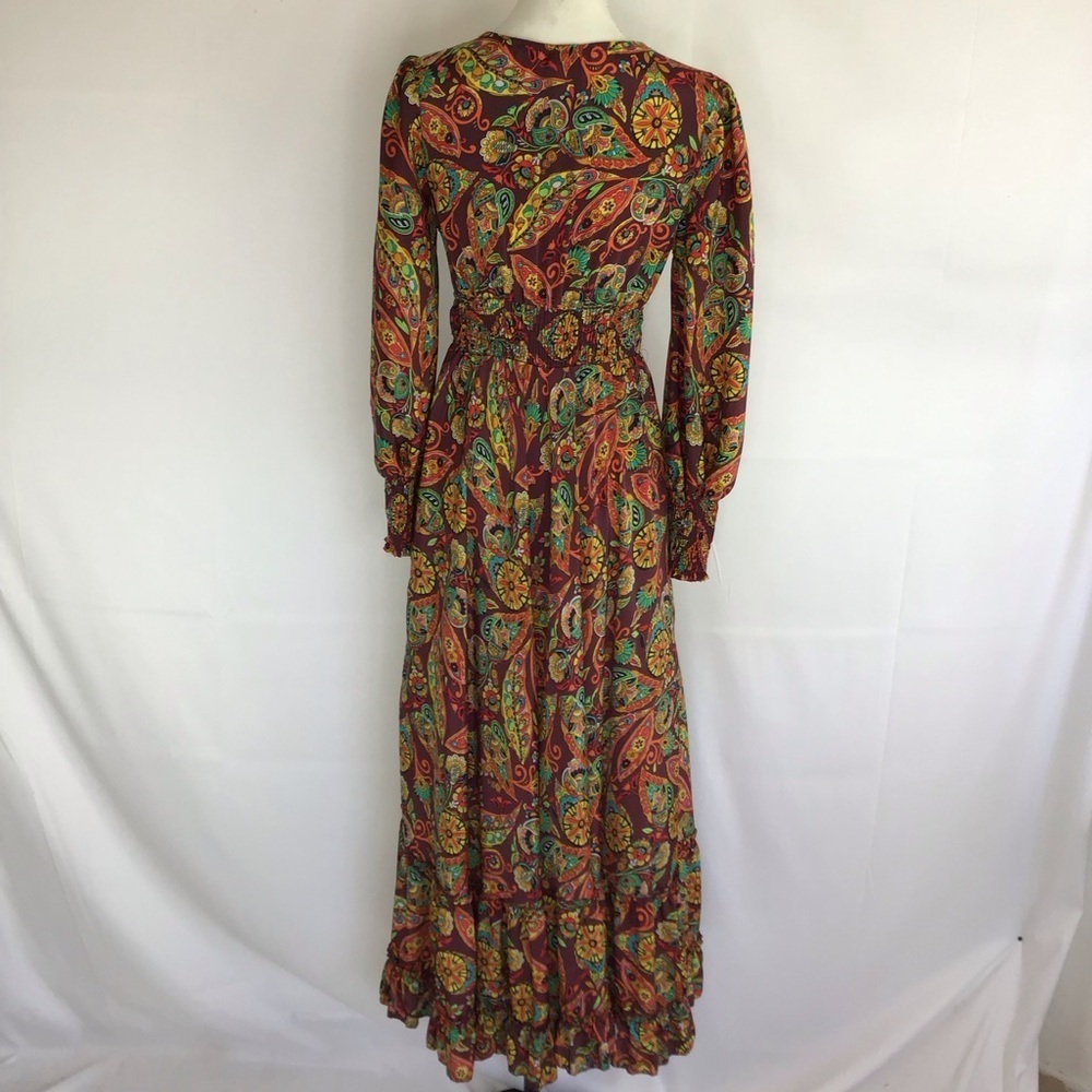 ME 2 MAGIC WOMEN FALL COLORFUL PAISLEY RUFFLE V-NECK LONG SLEEVE MAXI DRESS SZ S - Picture 2 of 10